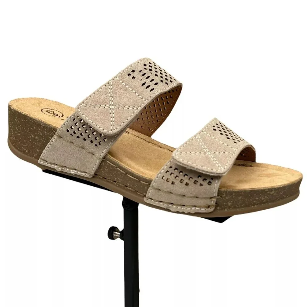 White Mountain Women's Wedge Leather Sandals Size 8 Taupe Adjustable Straps